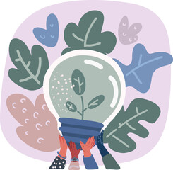 Vector illustration of Hands holding green ecology light bulb with green plant inside