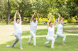 © GAJENDRRA BHATI  - Group of indian senior people doing yoga sitting on grass. Mature man and woman wearing white cloths practicing meditation together outdoor.