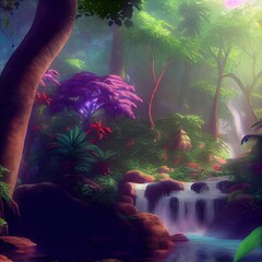 Canvas Print - Beautiful Amazing and Mystery Great Deep Forest with Green Trees Plants Waterfall River Path. Concept Art Scenery. Book Illustration. Video Game Scene Serious Digital Painting. CG Artwork Background
