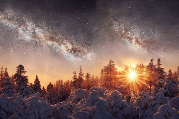 Sun shining through snow covered trees with milky way on the sky. This is two image collage.