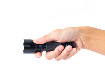 abstract man hand holding Black flashlight isolated on white background