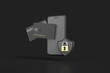 Credit card and protective shield sign with padlock in mobile phone on a dark background. Digital security and protection concept. 3D rendering isolated with clipping path.