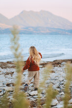 Child Girl Walking At The Lake Shore Travel Vacations Adventure Outdoor Healthy Lifestyle Eco Tourism