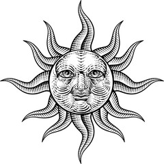 Sticker - Sun Face Woodcut Drawing Retro Vintage Engraving