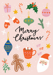 cute christmas vector illustration. set of isolated elements and „merry christmas” lettering. perfec