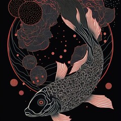 Wall Mural - Japanese ink style koi fish. Generative AI Technology