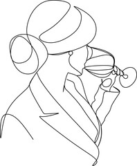 Wall Mural - Girl drinks wine or champagne from a glass. Linear silhouette of a woman with a glass goblet. Drawing in one continuous line. Linear glamour logo in minimal for wine label.