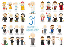 Kids Vector Characters Collection: Set Of 31 Great Discoverers And Inventors Of History In Cartoon Style.