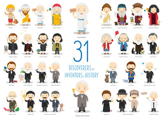 Kids Vector Characters Collection: Set of 31 great Discoverers and Inventors of History in cartoon style.