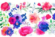 Flower Bouquet Set Watercolor Pieces Of Artwork Design. Spring And Summer Flower Nature In Style Of Hand Drawn Watercolor. Digital Art 3D Illustration.