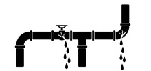 Leakage, Broken Oil Or Gas Pipeline With Fittings And Valves. Pipeline, Black Tap, Open, Close. Cartoon Water Jet With Leaky Pipe Line, Plumbing System. Faucet Vector. Old Water Tap, Leak Or Leakage.