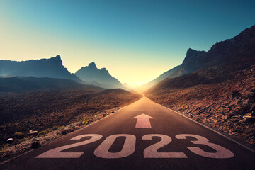 New year 2023, Concept photo written on the road in the middle of asphalt road at morning, A conceptual photo of the path leading to a bright future, 3d illustration.