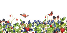 Hand-drawn Watercolor Berries And Butterflies. Horizontal Border For Packaging Design, Printing Products And Textile Design