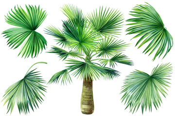 palm tree and leaves set on isolated white background, watercolor botanical illustration.