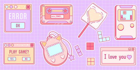 Poster - Cute sticker pack in trendy retro y2k style. Kawaii elements set. Glamour 2000s. Nostalgia for 1990s -2000s.