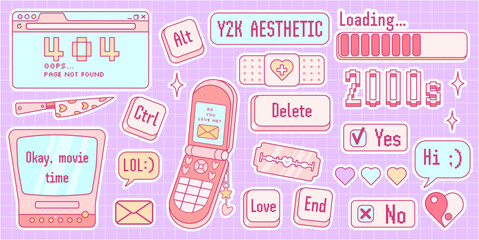Poster - Cute sticker pack in trendy retro y2k style. Kawaii elements set. Glamour 2000s. Nostalgia for 1990s -2000s.