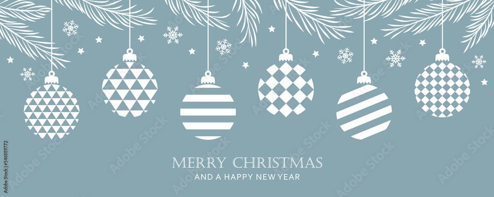 merry christmas card with hanging ball decoratoin and fir branches ...