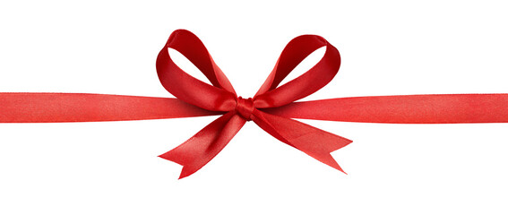 A large red ribbon bow in the centre of a straight piece of ribbon to be used as a birthday or Christmas banner, border isolated against a transparent background