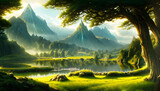 Fototapeta Natura - Sunlit fantasy landscape with mountains, forests and lakes -  elves - concept art - fantasy - painting