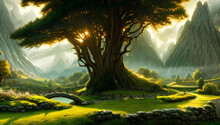Sunlit Fantasy Landscape With Mountains, Forests And Lakes - Inspired By The Lord Of The Rings & Rings Of Power - The Shire, Elves - Concept Art - Painting