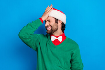 Sticker - Portrait of disappointed person arm touch forehead grin teeth forgot buy present girlfriend isolated on blue color background