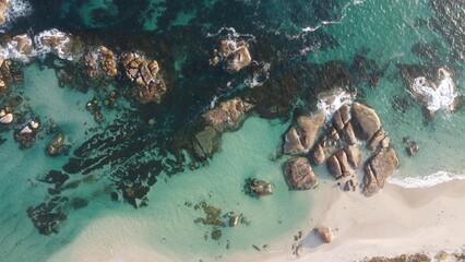 Wall Mural - Aerial picture. Forest, sand and rocks at the beach. Top down drone photography. Wild and beautiful place to visit in Western Australia. Two peoples bay nature reserve in Albany. National park.