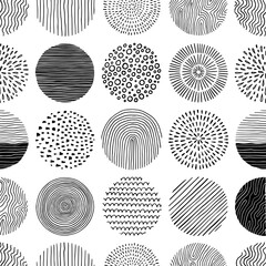 Poster - Hand drawn black, white circle seamless pattern. Doodle style abstracrt textured scribble, stripped, dot circle element pattern. Monochrome background. Vector illustration