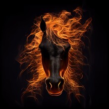 Fire Horse On Black Background. Isolated Horse Portrait Made Of Fire