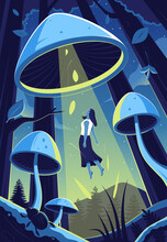 Woman Floating In Forest Mushroom