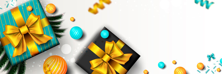 Poster - Merry Christmas web banner. Xmas and Happy New Year 2023 holiday celebration poster. Illustration with 3d realistic elements. Horizontal christmas poster, background, greeting cards, header.