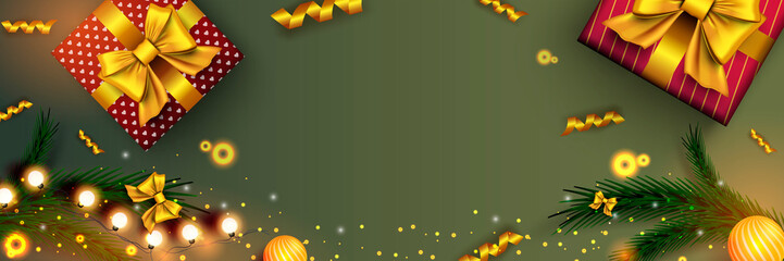 Poster - Merry Christmas web banner. Xmas and Happy New Year 2023 holiday celebration poster. Illustration with 3d realistic elements. Horizontal christmas poster, background, greeting cards, header.