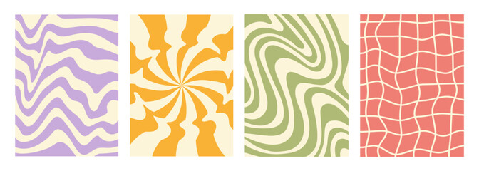 Wall Mural - Retro groovy set waves, swirl and checkered distorted backgrounds. Trendy vector texture in retro vintage style. Pastel colors