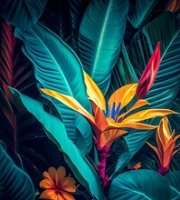 Colorful Flower On Dark Tropical Foliage Nature Background