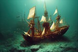 Sunken pirate ship underwater at depths of seascape