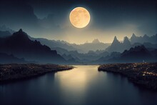 The Moon Rising Over An Unknown Mountain Range
