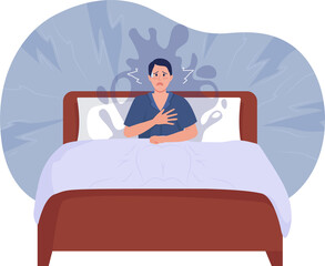 Aufkleber - nocturnal panic attack 2d raster isolated illustration. man suddenly awakes flat character on cartoo