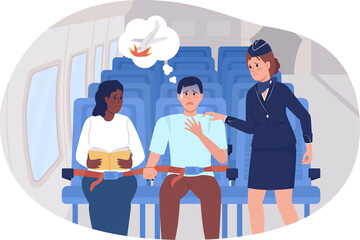Poster - Panic attack during flight 2D raster isolated illustration. Man scared in plane flat characters on cartoon background. Reassuring air hostess colourful scene for mobile, website, presentation