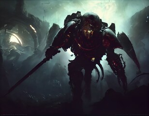 Wall Mural - Giant robot on an alien planet explored by space astronauts/marines. 