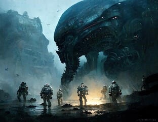 Wall Mural - Giant robot on an alien planet explored by space astronauts/marines. 