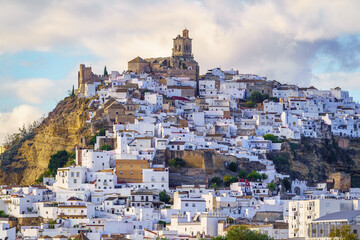 Panoramic of Arcos de la Frontera, white town built on a rock along Guadalete river, in the province of Cadiz, Spain