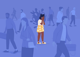 Poster - Panic attack in overcrowded place flat color raster illustration. Anxiety disorder. Mental health. Girl experiences fear and stress 2D simple cartoon characters with strangers on background
