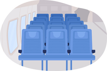 Poster - Plane interior 2D raster isolated illustration. Aircraft cabin. Travelling by plane flat object on cartoon background. Passengers seats colourful scene for mobile, website, presentation