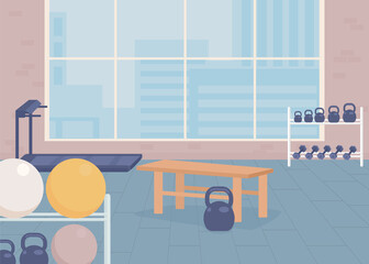 Poster - Gymnasium flat color raster illustration. Fitness center. Healthy lifestyle. Physical exercises. Recreation activity. Athletic club 2D simple cartoon interior with sport equipment on background