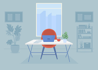Fototapete - Workplace flat color raster illustration. Top manager workspace. Comfortable personal office. Business center. Modern furnished workroom 2D simple cartoon interior with window on background
