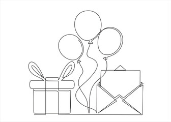 Wall Mural - Envelope with balloons and gift.  Concept of birthday, valentine's day. Continuous one line drawing. 