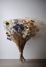 Large Dried Flowers Bouquet With White And Yellow Daisies