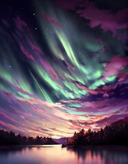 Wall Mural - aurora borealis over the river, starry night sky