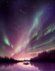 Wall Mural - aurora borealis over the river, starry night sky