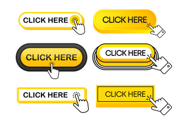 Aufkleber - Click Here Button with hand or mouse cursor. Click buttons collection. Computer mouse cursor. Set for button website design. Vector illustration.
