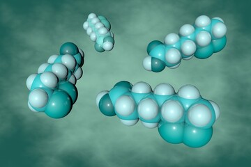 Wall Mural - Lipoic or thioctic acid, vitamin-like antioxidant and enzyme cofactor used as a dietary supplement. Space-filling molecular model on turquoise background. Scientific background. 3d illustration